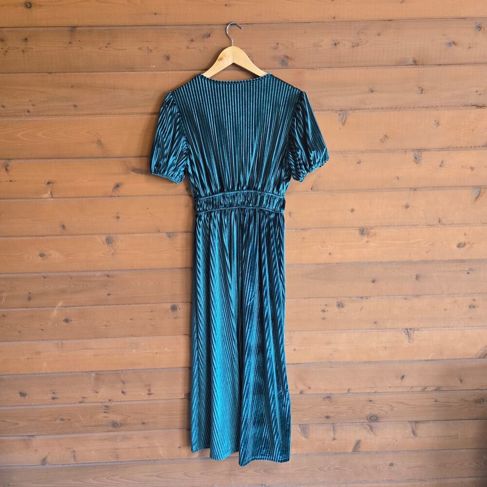 Emerald Velvet Dress Midi Bustier Milkmaid Short Sleeve Vneck M Bridesmaid Boho - Picture 3 of 6
